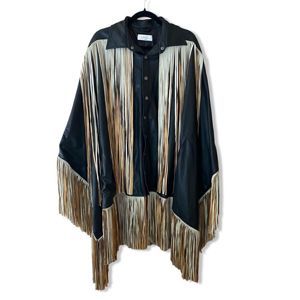 L'Academie Black Leather Fringe Jacket with Tan and Cream Accents